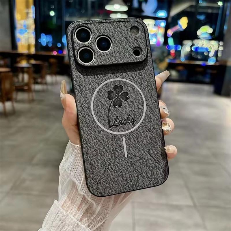 

Магнитный чехол из зернистой кожи «Счастливый четырехлистный клевер» для iPhone 17air 16 15 14 13 12 Pro Max Plus 16e, противоударный, для зарядки Magesafe, матовая крышка iPhone 12 чёрный