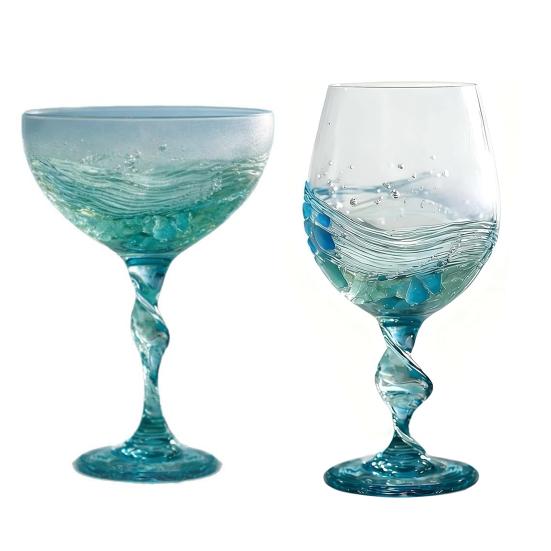 Spiral Cup Handle Wine Glass with Gradient Blue-Green Tone Unique Wave Texture Design Handheld Spiral Wine Cup