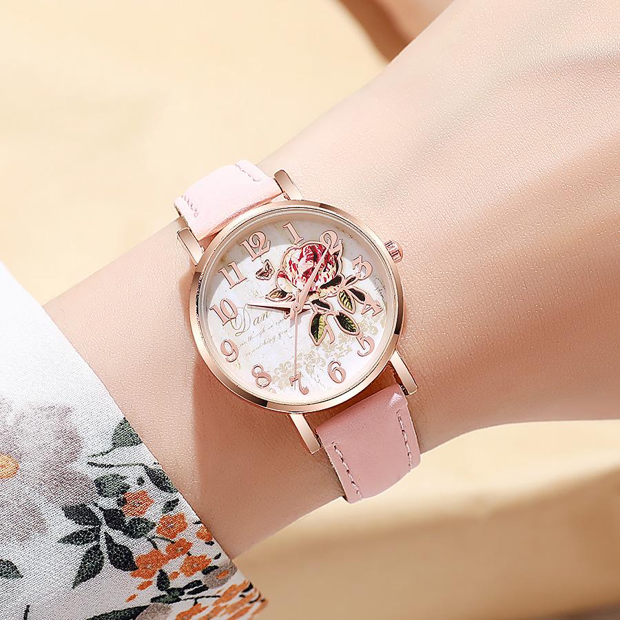 Damen PU-Lederarmband Uhr Pfingstrosen Zifferblatt Quarz Armbanduhr