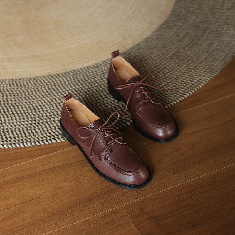 Krazing Pot Cow Skin Autumn Winter Brogues Shoes Lace Up Low Heels Size 42 Round Toe Oxford Shoes Deep Mouth Pumps