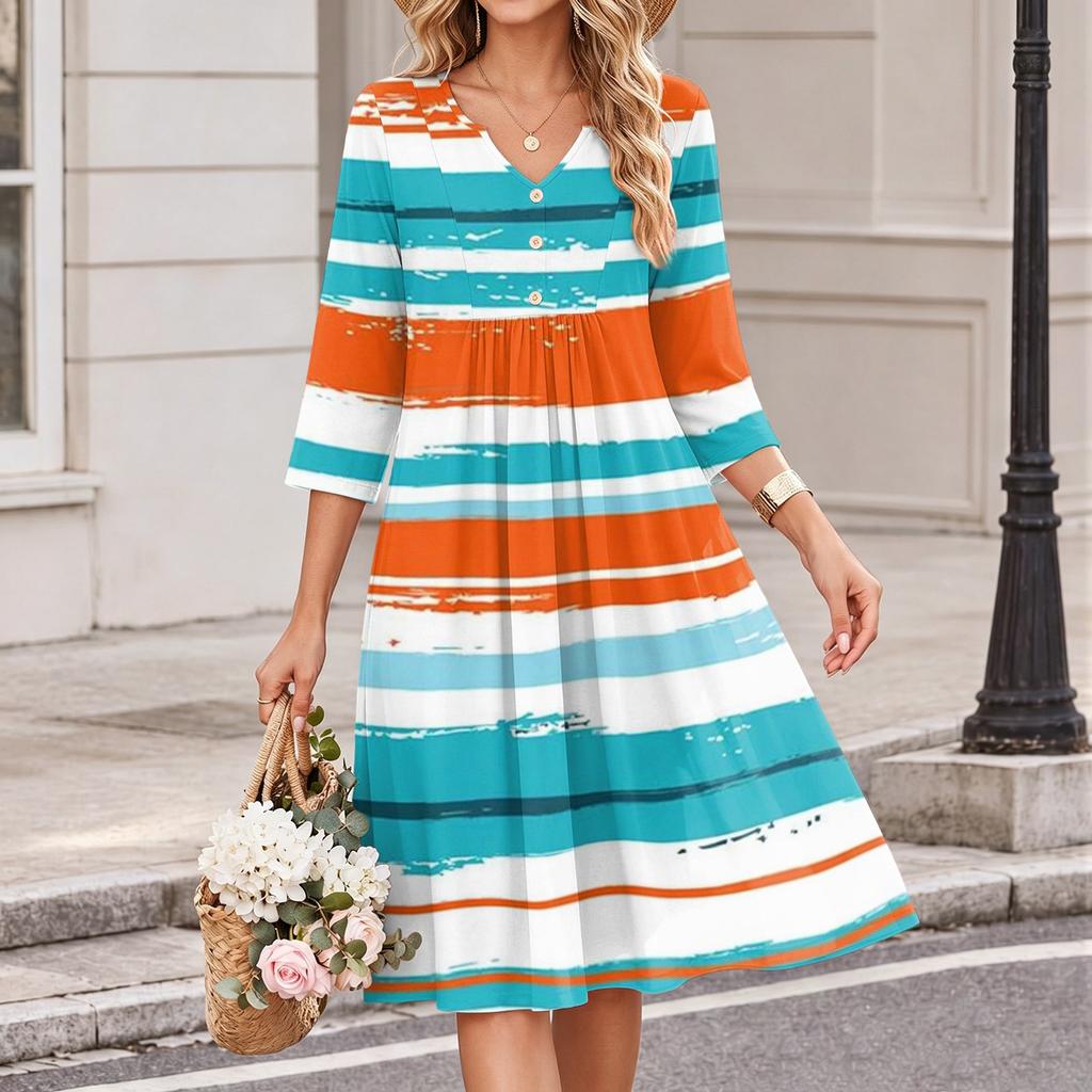 Damen Casual V-Ausschnitt Kleid mit Streifenmuster und 3/4 Ärmeln