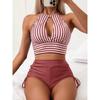 2025 Halter High Waist Bikinis Striped Swimsuit Women Hollow Out Swimwear Female Bathers Bathing Swimming Swim Suit Beachwear