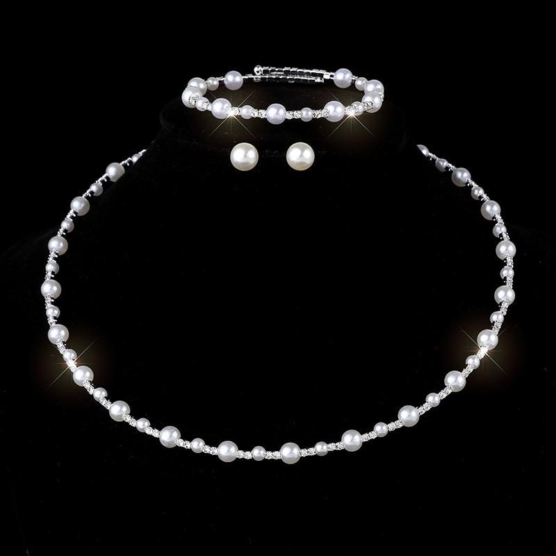 Imitation Pearl Necklace Earrings Bridal Wedding Pearl Rhinestone Neck Chain Stud Earrings Set Jewelry Women