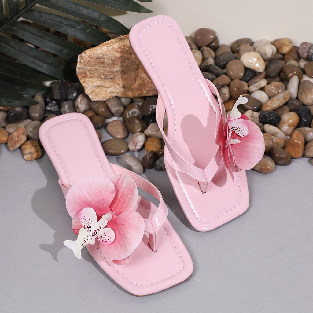 Cut Toe Flower Decoration Non-slip Beach Flip-flops Square Toe Flat Sandals