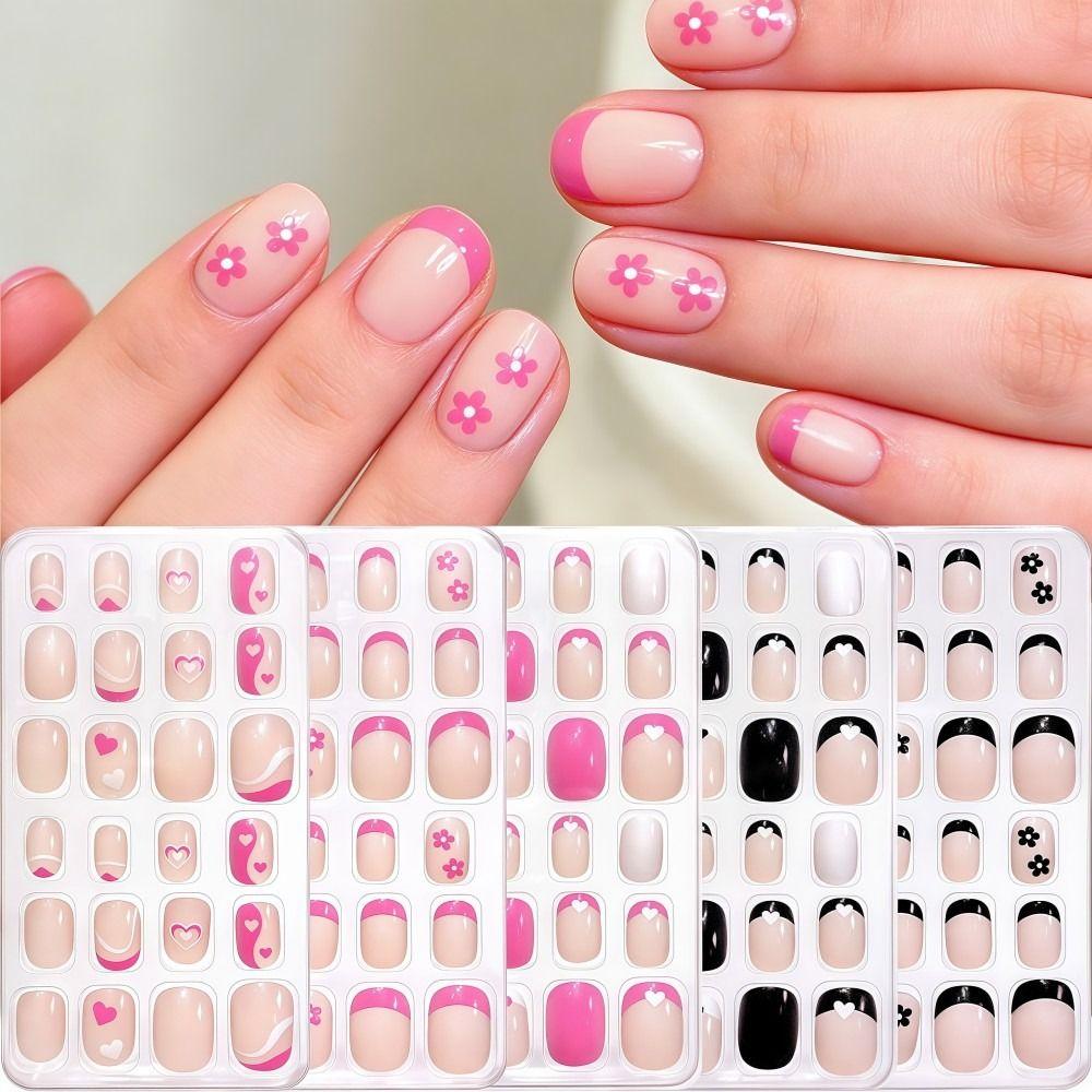 24Pcs/Box Cartoon Kids Press On Nails Black Flower French Tips False Nails Full Cover Fake Nails for Children Daily Holiday Wear