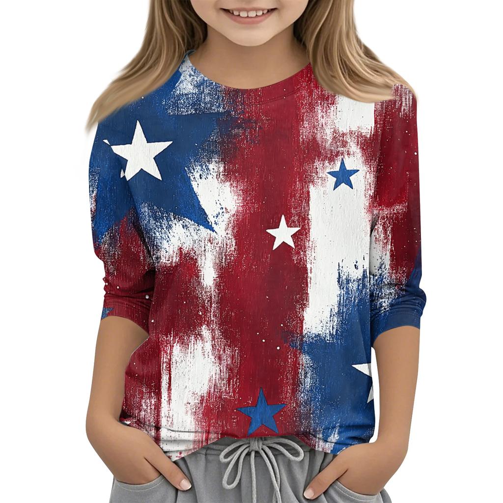 Children's 3/4 Sleeve Tops Casual Print T Shirt Round Neck Pullover Blouse