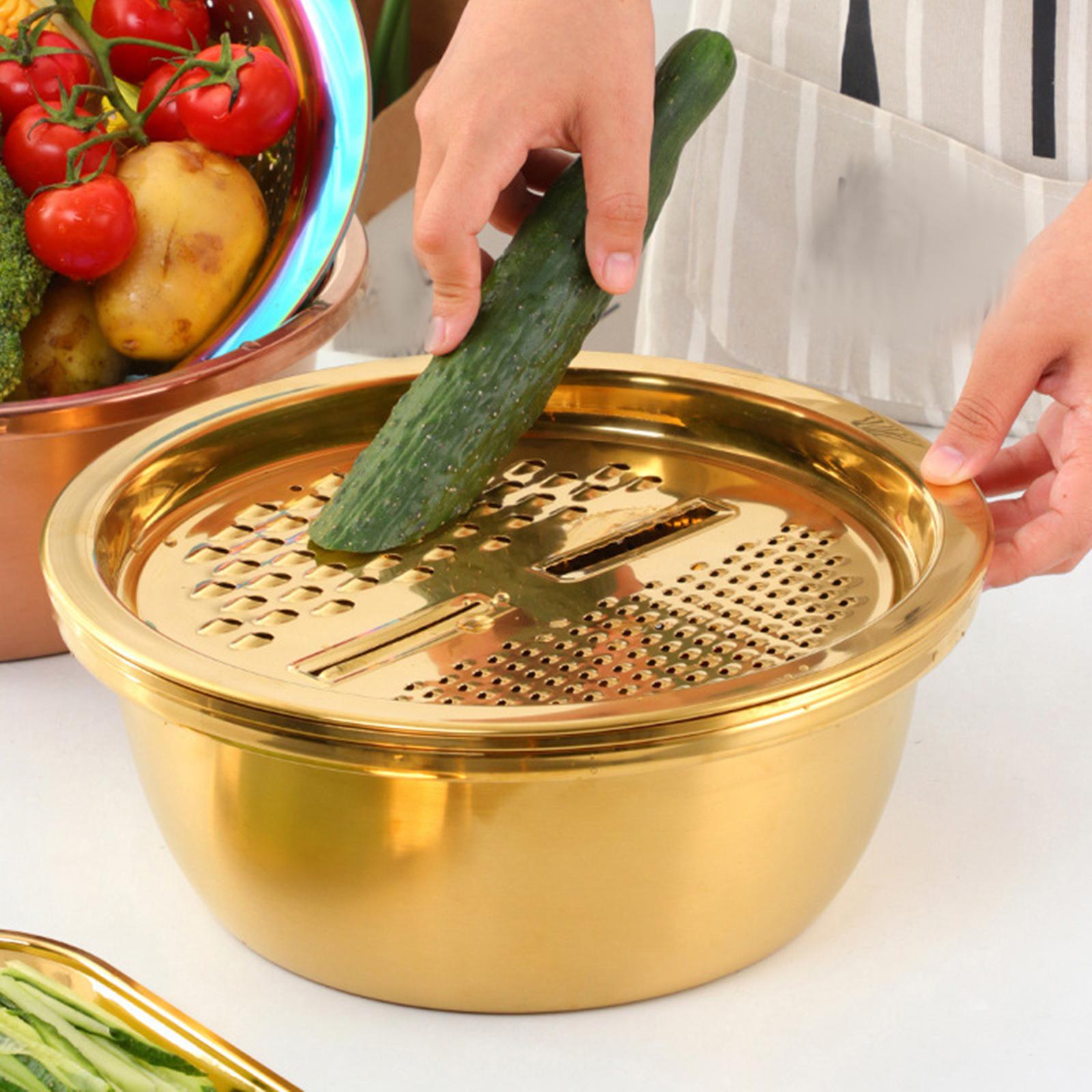 

3 in 1 Vegetable Washing Bowl Household Salad Bowl Multifunctional Julienne Grater for Cheese Ginger Vegetables Carrots Potatoes золотой