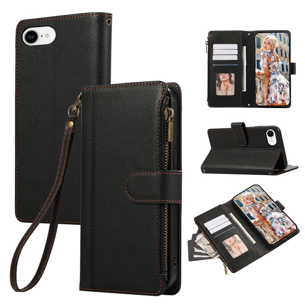 For iPhone 16e Case Multi Card Slots Zipper Leather Phone Cover with Wrist Strap