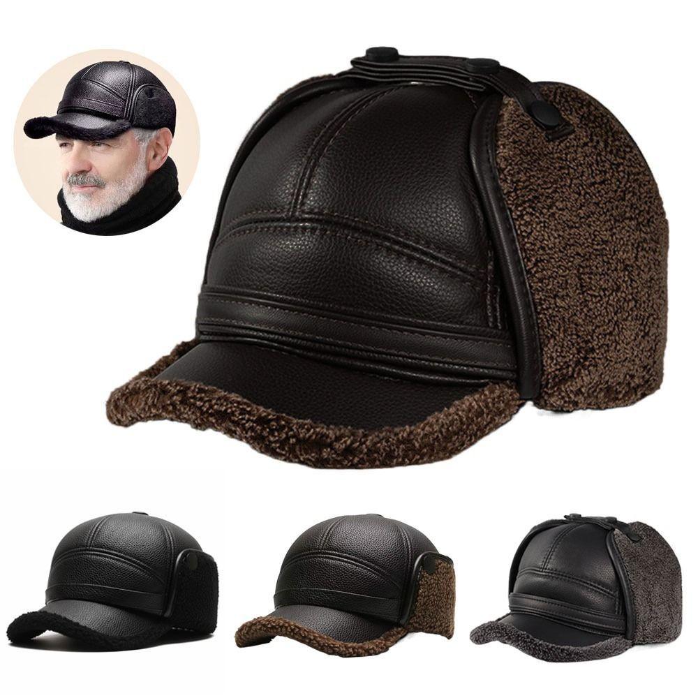 High Quality PU Leather Men's Earmuffs Cap Windproof Thickened Baseball Cap Outdoor Warm Elderly Hat Autumn Winter