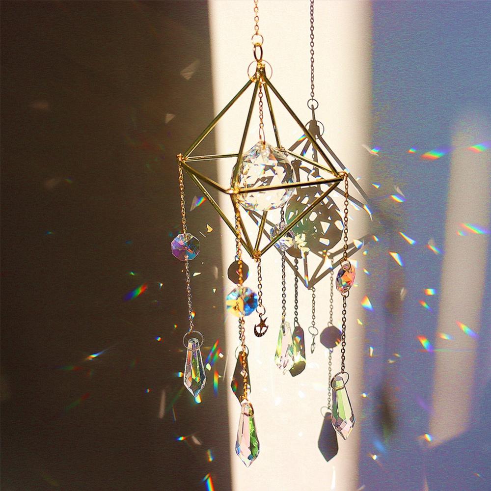 Artificial Crystal Suncatcher Charm Colorful Metal Rainbow Wind Chimes Outdoor Window Home Decoration Garden Car Pendant