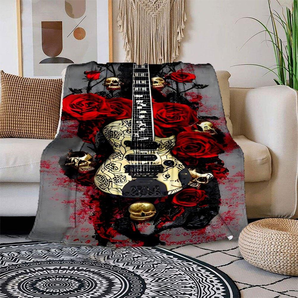 Gothic Skull Roses Electric Guitar Art Print PosterBlanket Flannel Throw Blanket for Sofa, Bed, Travel, Camping, Office