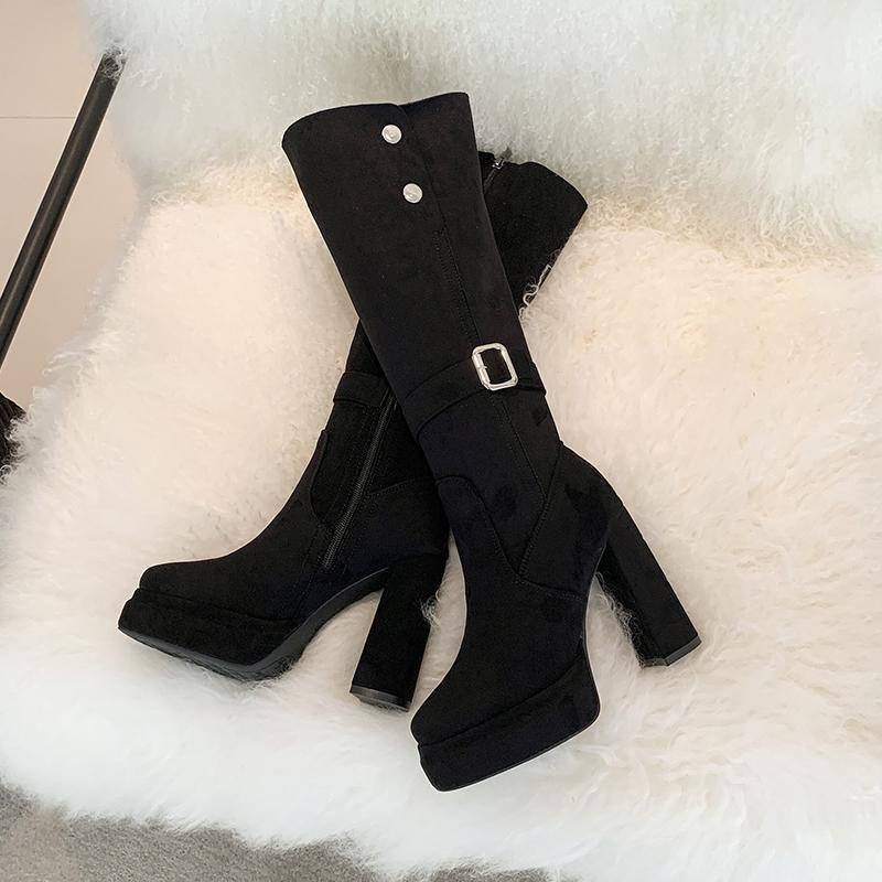 Vintage Platform Thick Heel Women Knee High Boots Fashion Slip On Shoes Autumn Winter Female Slim Suede Long Booties