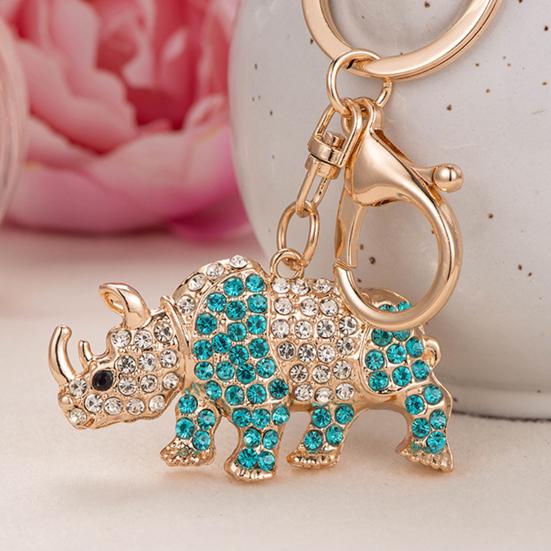 Keychain Pendant 3D Cartoon Rhinoceros Design Sparkling Rhinestones Inlaid Key Chain with Lobster Clasp Key Ring Bags Accessories