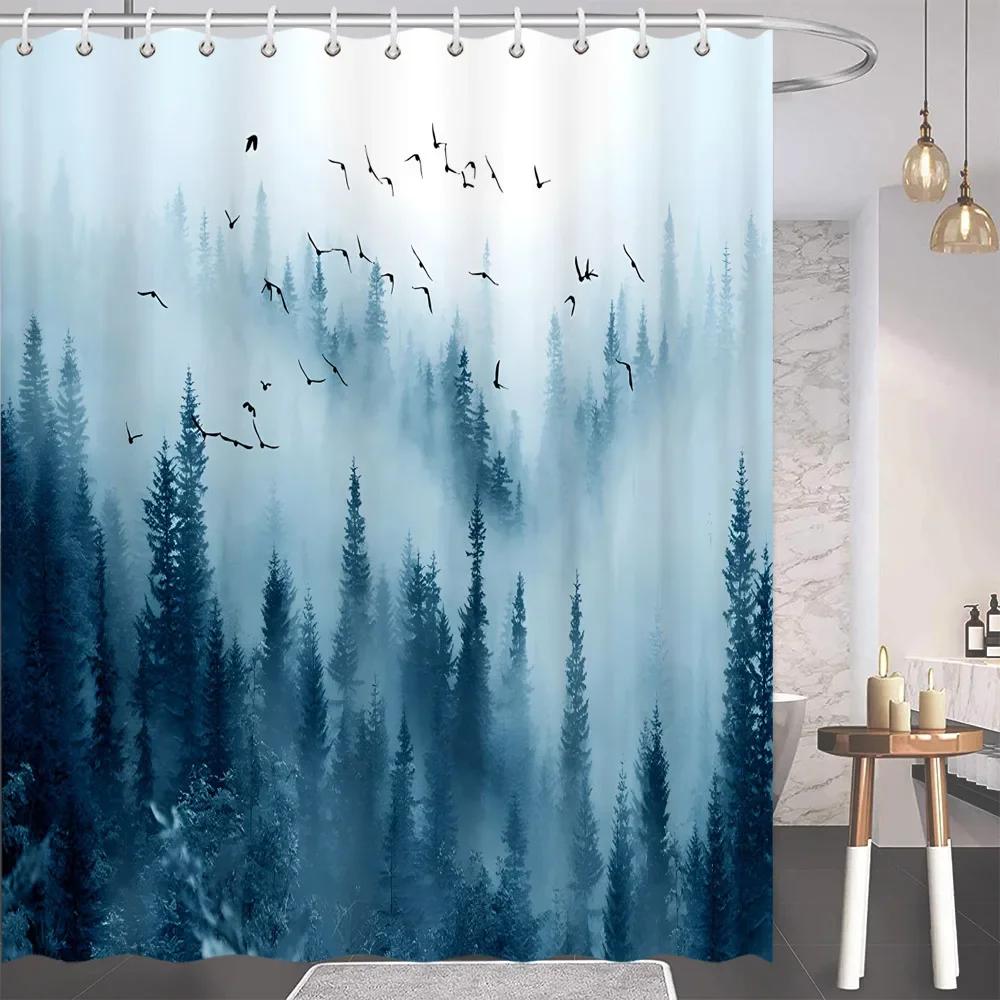 Naturalny Wystrój Łazienki Zasłona Prysznicowa Szara Biała Góry Ptaki Las Sosnowy Krajobraz Sceneria Zasłony Łazienkowe Tkanina Zmywalna