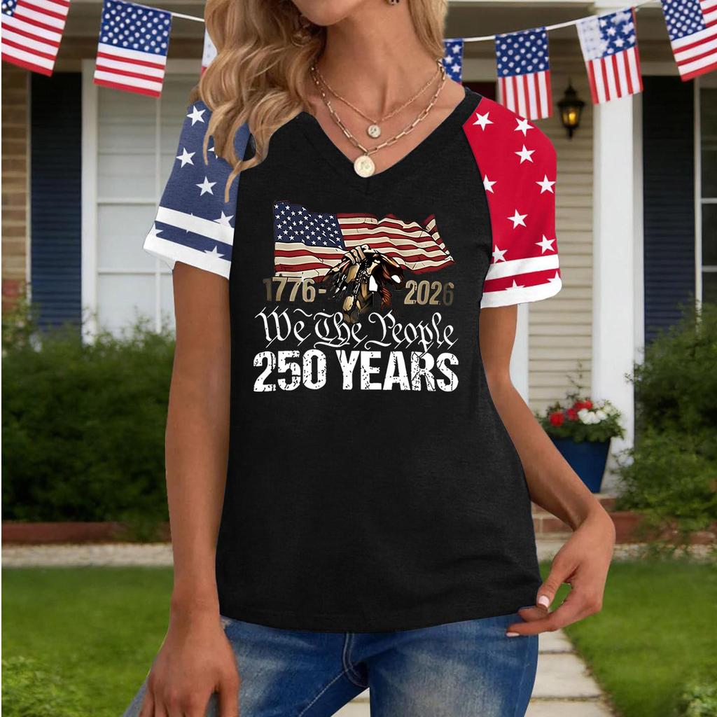 Women V Neck Short Sleeve Pullover T Shirt Casual Top with Graphic Print for Independence Day Celebration 1776 To 2026 Commemorative Design
