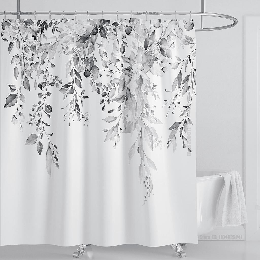 Emerald Green Eucalyptus Shower Curtain Fabric, Watercolor Plant Leaves with Floral Bathroom Shower Curtain Set with Hooks