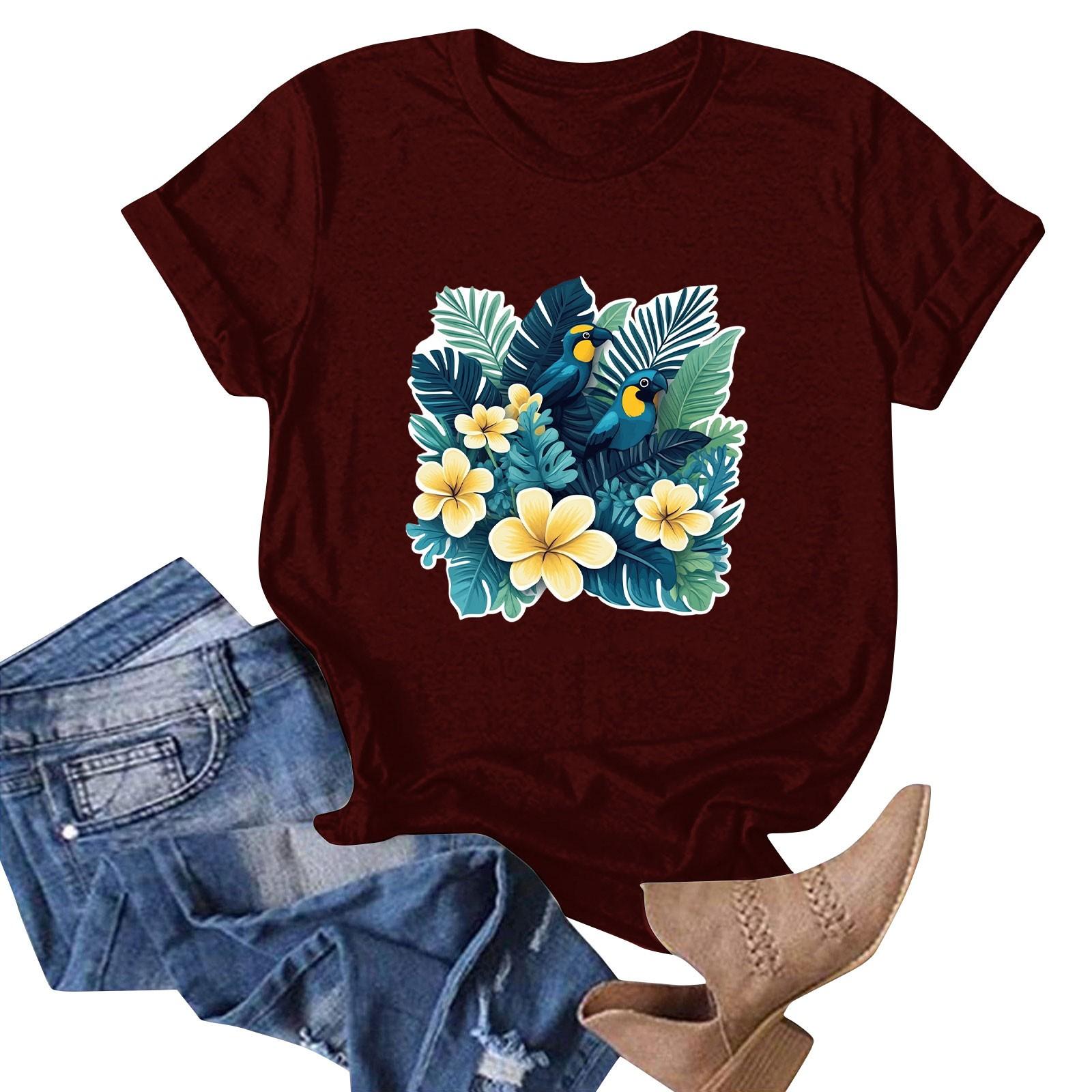 

Женская мода повседневная гавайская футболка с коротким рукавом и принтом, топ, футболка с коротким рукавом M винный