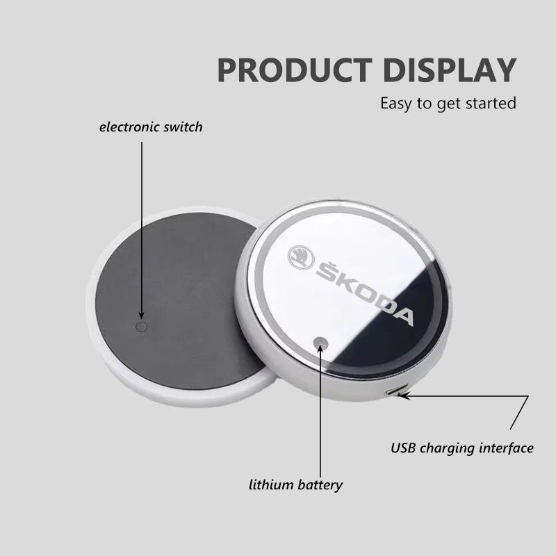 AAABS1 For Skoda Led Car Badge Emblem Drink Cup Holder Logo Light USB Charging Luminous Coaster Kodiaq Octavia 2 3 Rapid Karoq Fabia