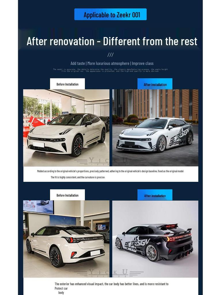 Zeekr 001 Body Kit: Carbon Fiber Front Lip, Side Skirts, Rear Diffuser, Spoiler, Roof Spoiler.