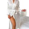New pajamas European and American sexy fashion lace-up nightgown lace long-sleeved V-neck long ice silk loungewear