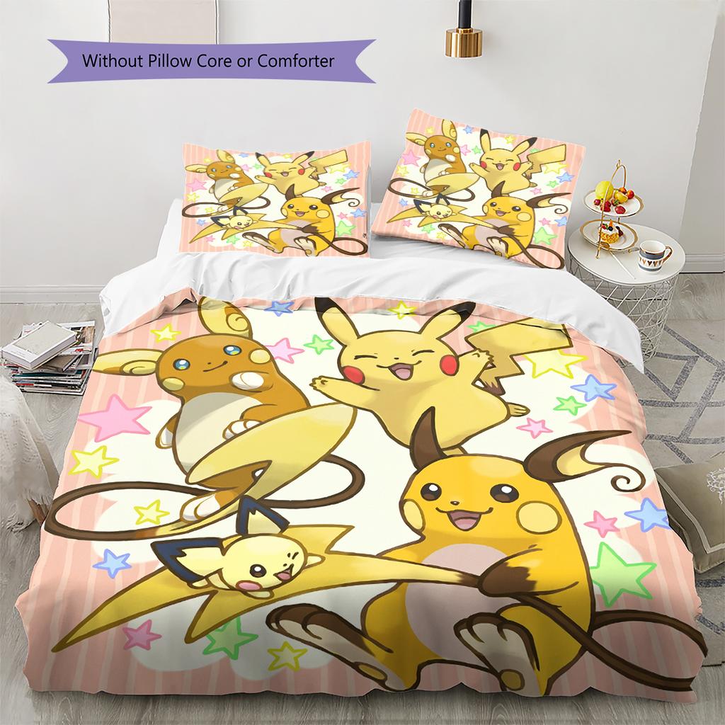 Pościel z Wzorem Pokémonów Dekoracja Domu Prezent Urodzinowy (1 * poszwa na kołdrę + 2 * poszewki na poduszki, bez rdzenia)