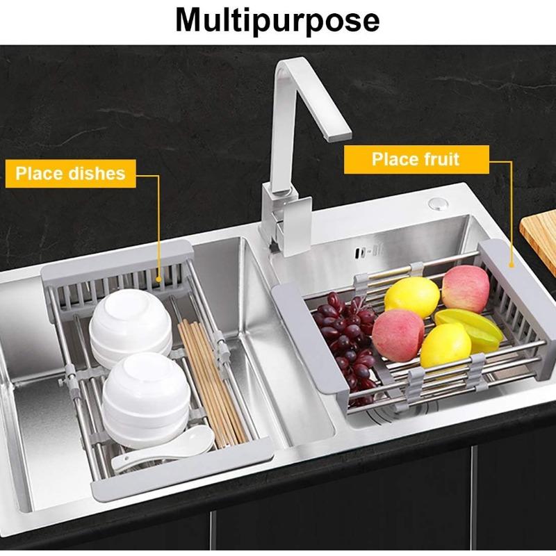 Stainless Steel Kitchen Drying Rack, Extendable Drainage Basket with Adjustable Armrests, Sink and Dish Drying Rack