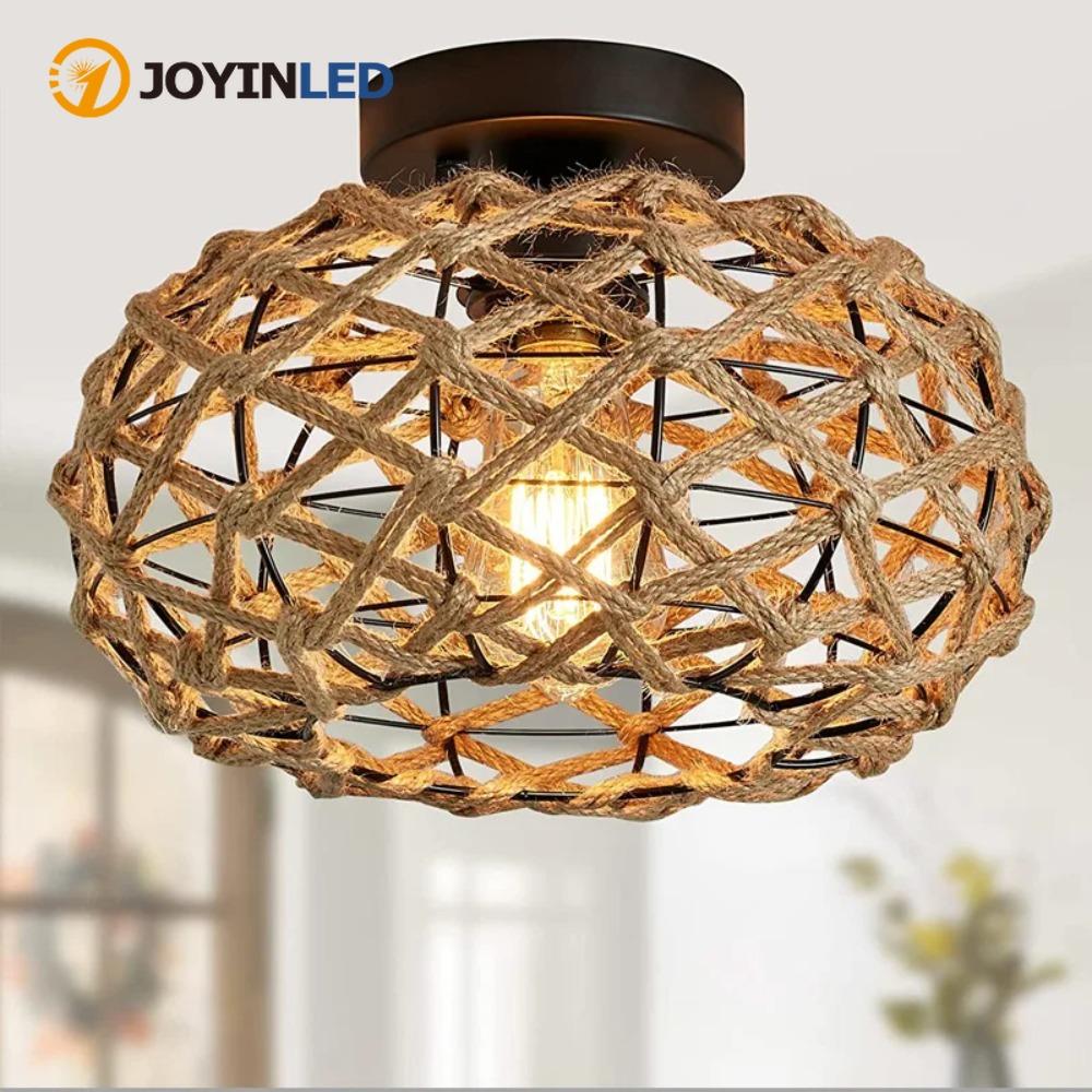 JOYINLED E27 Natural Handmade Hemp Rope Brown Pendant Light Creative Chandelier Modern Wicker Light for Restaurant Coffee Shop