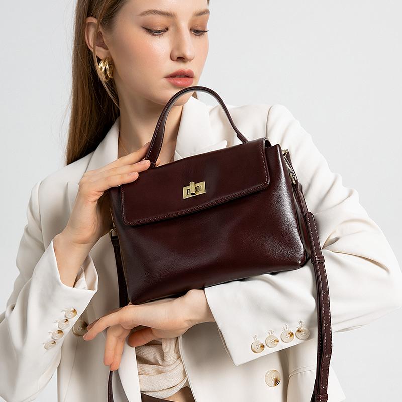 Genuine Leather Top Handle Crossbody Bag for Women Vintage Oil Wax Leather Shoulder Bag Small Luxury Designer Satchel Handbag