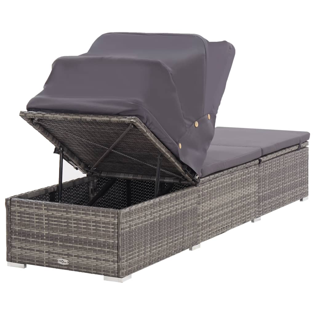 Sun Lounger with Sunshade and Cushions Poly Rattan Grey