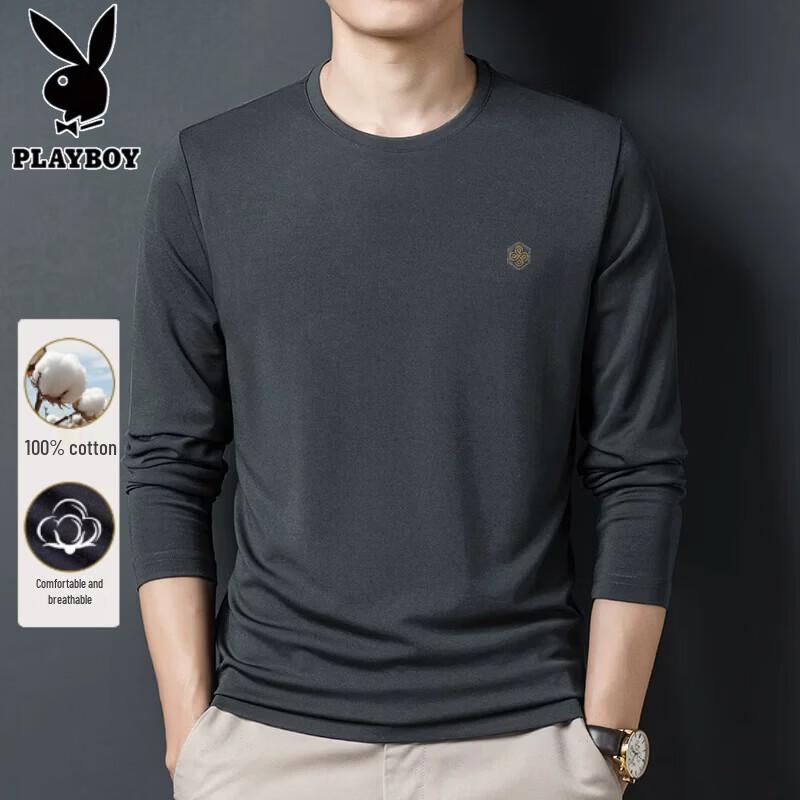 PLAYBOY Men's 100% Cotton Long Sleeve Embroidered T-Shirt
