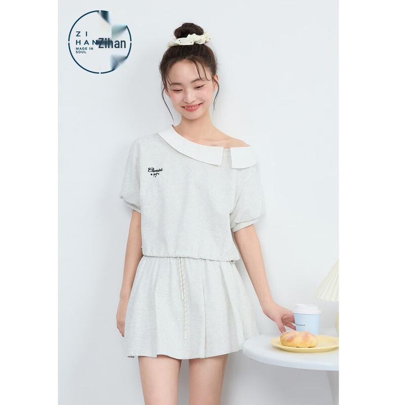 ZIHAN Women s Oblique Collar Off-Shoulder Sweatshirt & Pleated Skirt Two-Piece Set XS