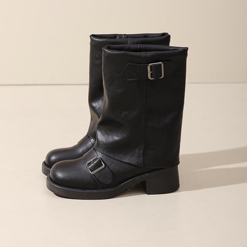 Vintage Women Ankle Boots Fashion Belt Buckle Slip On Shoes Female Thick Heel Short Booties Zapatos De Mujer