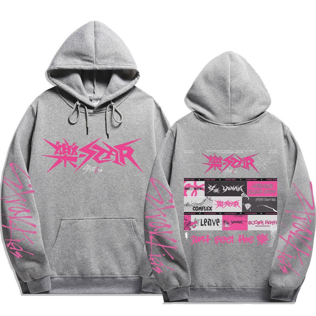 Stray Kids Pullover Hoodie Front Pink Punk Logo Vintage Punk Graphic Song Titles Just Feel Drawstring Hood Oversized Unisex K‑Pop Streetwear Fan Merch
