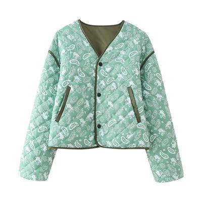 Womens Loose V-Neck Printed Cotton Blend Casual Jacket Streetwear Style Floral