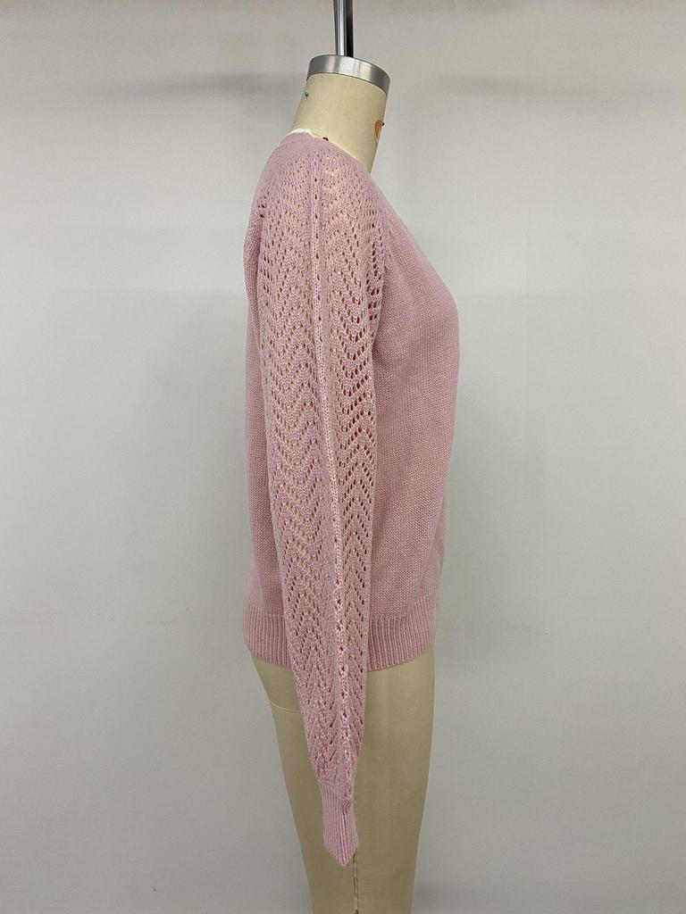 Autumn 2026 Pink Color Block V-neck Pullover: French Relaxed Fit, Hollow Design, Long Sleeve Sweater.