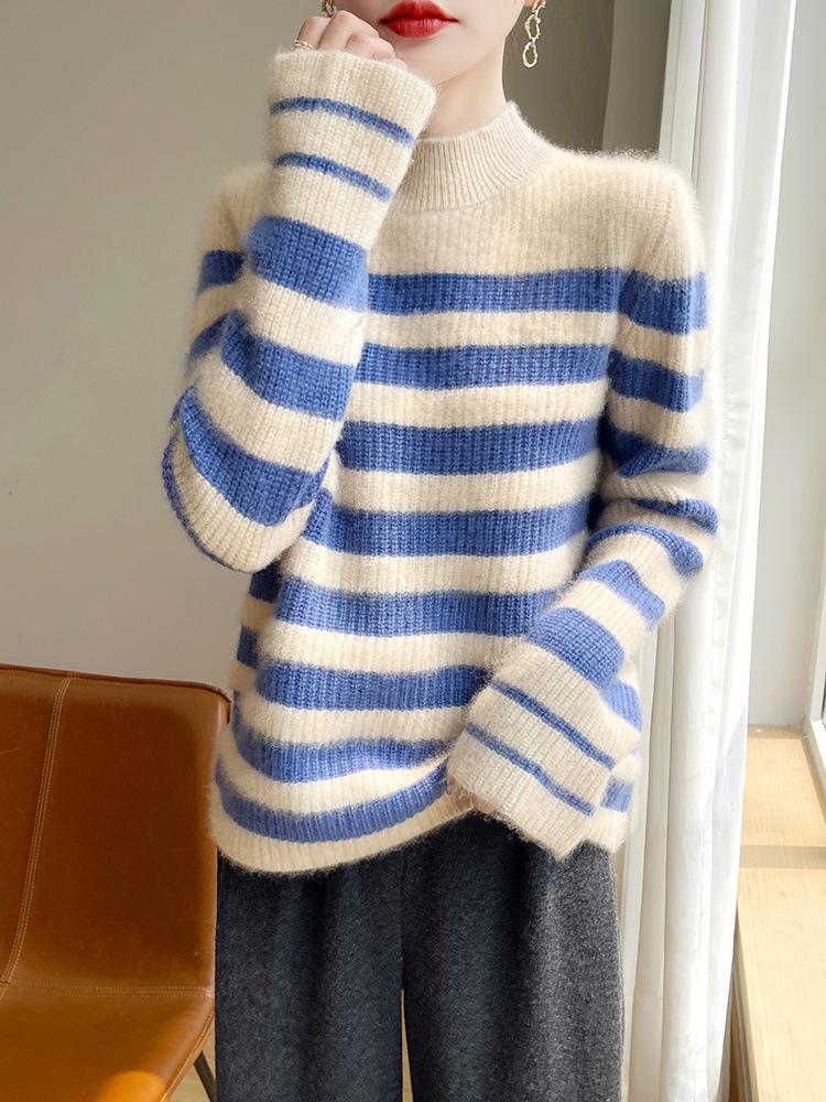 100% Wool Striped Sweater: Thick, Warm, Versatile Knitwear for Autumn/Winter