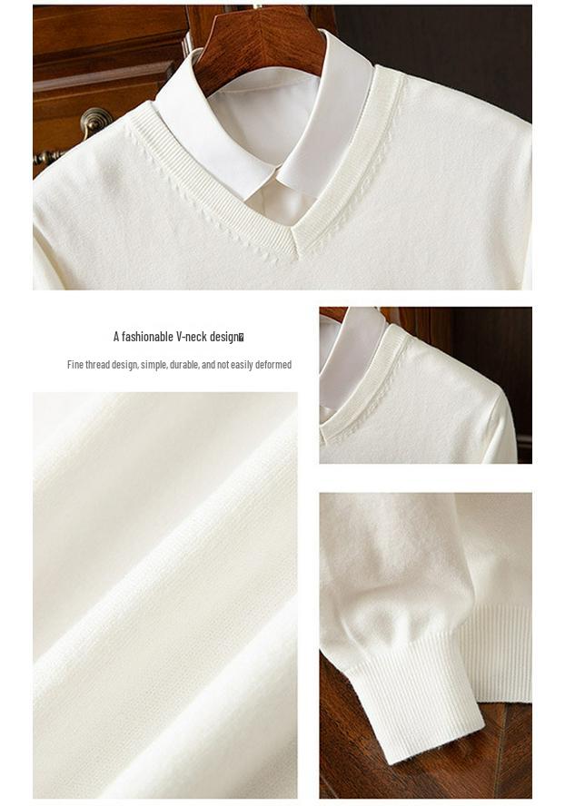 Suéter de Punto para Hombre con Cuello en V - Casual, de Negocios, Corte Holgado, Color Sólido, Manga Larga