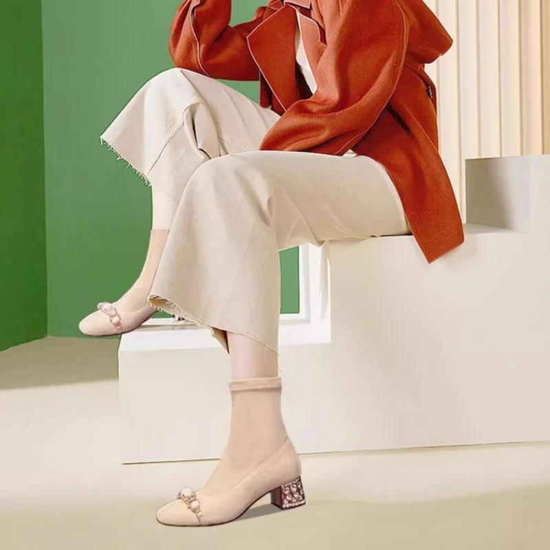 Women's Suede Ankle Boots Square Toe Crystal Mid Heels for Women Pearl Rhinestones 2025 Trendy Elegant Dress Winter High Heels