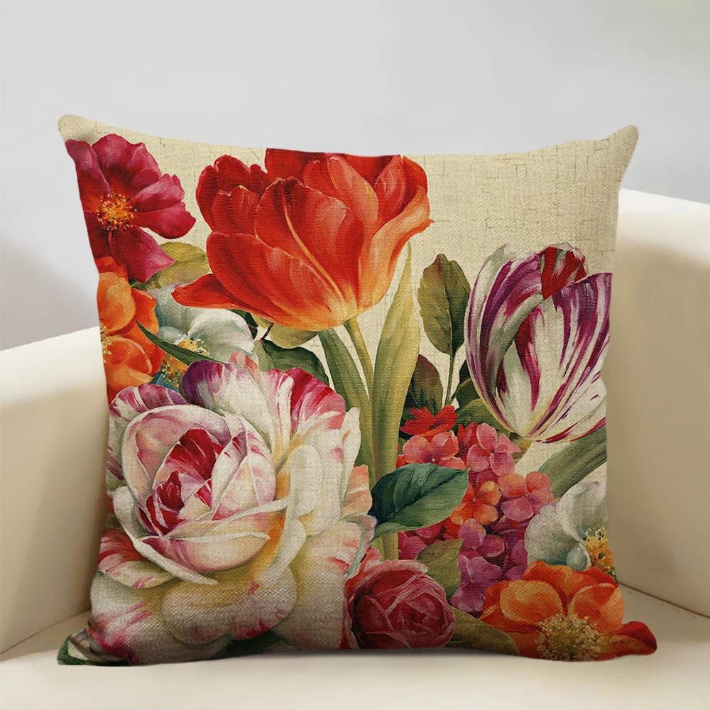 Retro Style Cushion Cover 45x45cm Linen Pillow Case Living Room Sofa Decor Pillowcase Colorful Exquisite Flower Pattern Car Seat