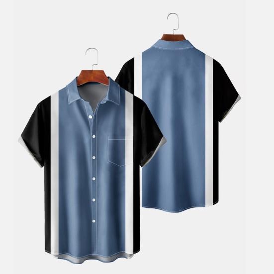 Men Casual Shirt Lapel Short Sleeve Single Breasted Shirt Loose Fit Hawaiian Style Button-Up Bowling Shirt