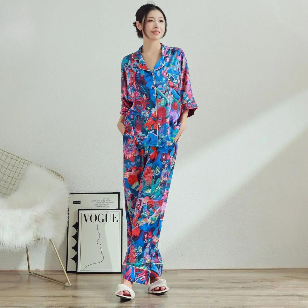 Neue französische Damen-Nachtwäsche Eis-Seide bedrucktes Mittelarm-Set mit hochwertigem Gefühl, Ins-Stil Revers Hausanzug Set Pyjama