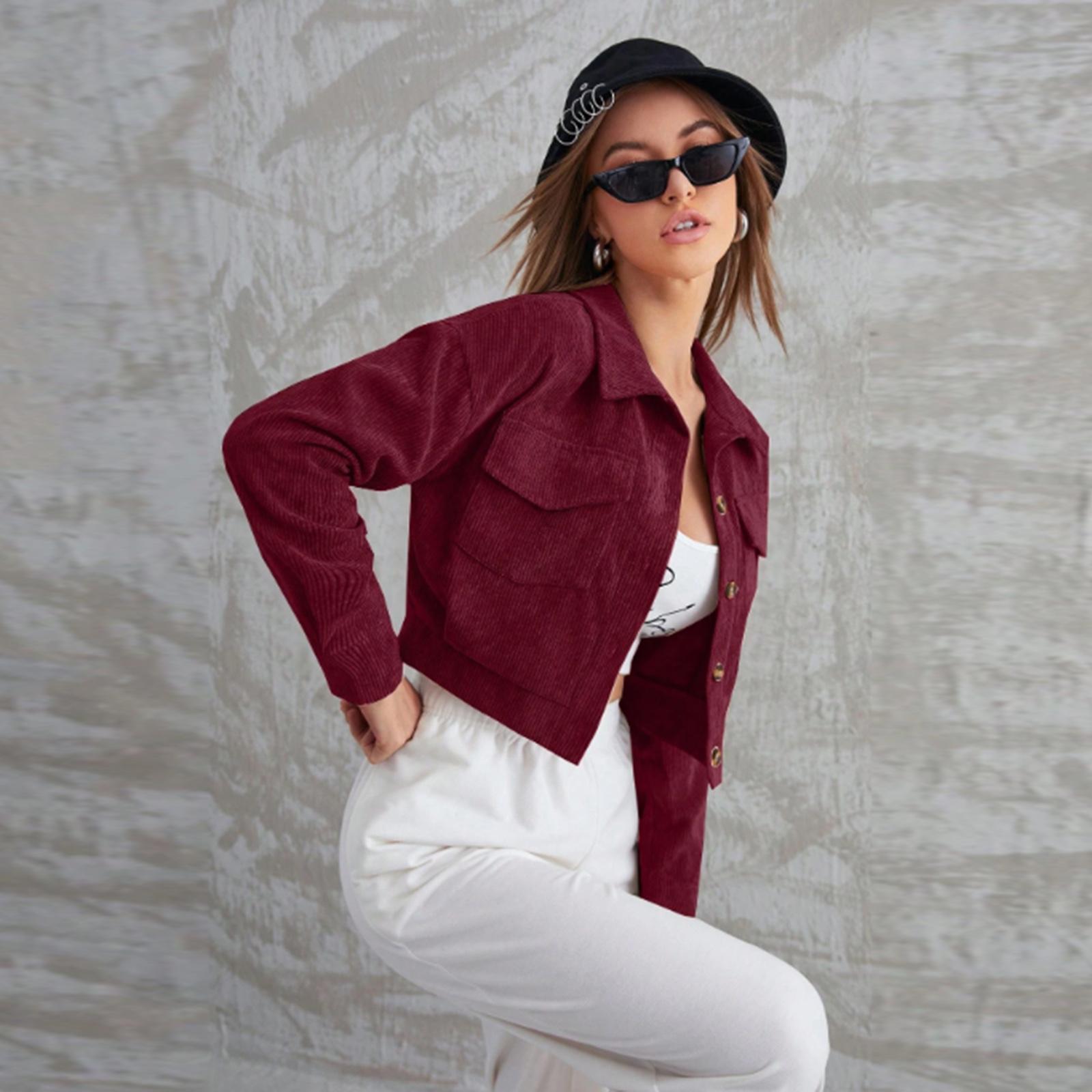 

Женская повседневная модная вельветовая куртка с лацканами, однобортное короткое пальто L