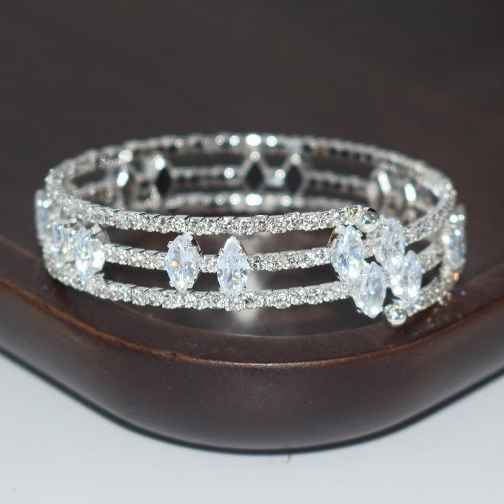Factory Bridal 3-Layer Pearl Rhinestone Zircon Winding Open-Ended Bracelet Gold and Silver Color for Women