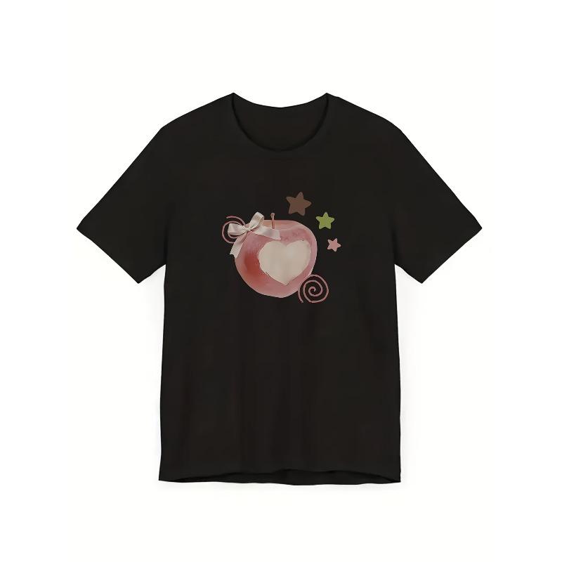 

Cute Pink Apple Heart Graphic T Shirt Women Summer Casual Short Sleeve Crew Neck Loose Tee Coquette Bow Harajuku Kawaii Top 3XL