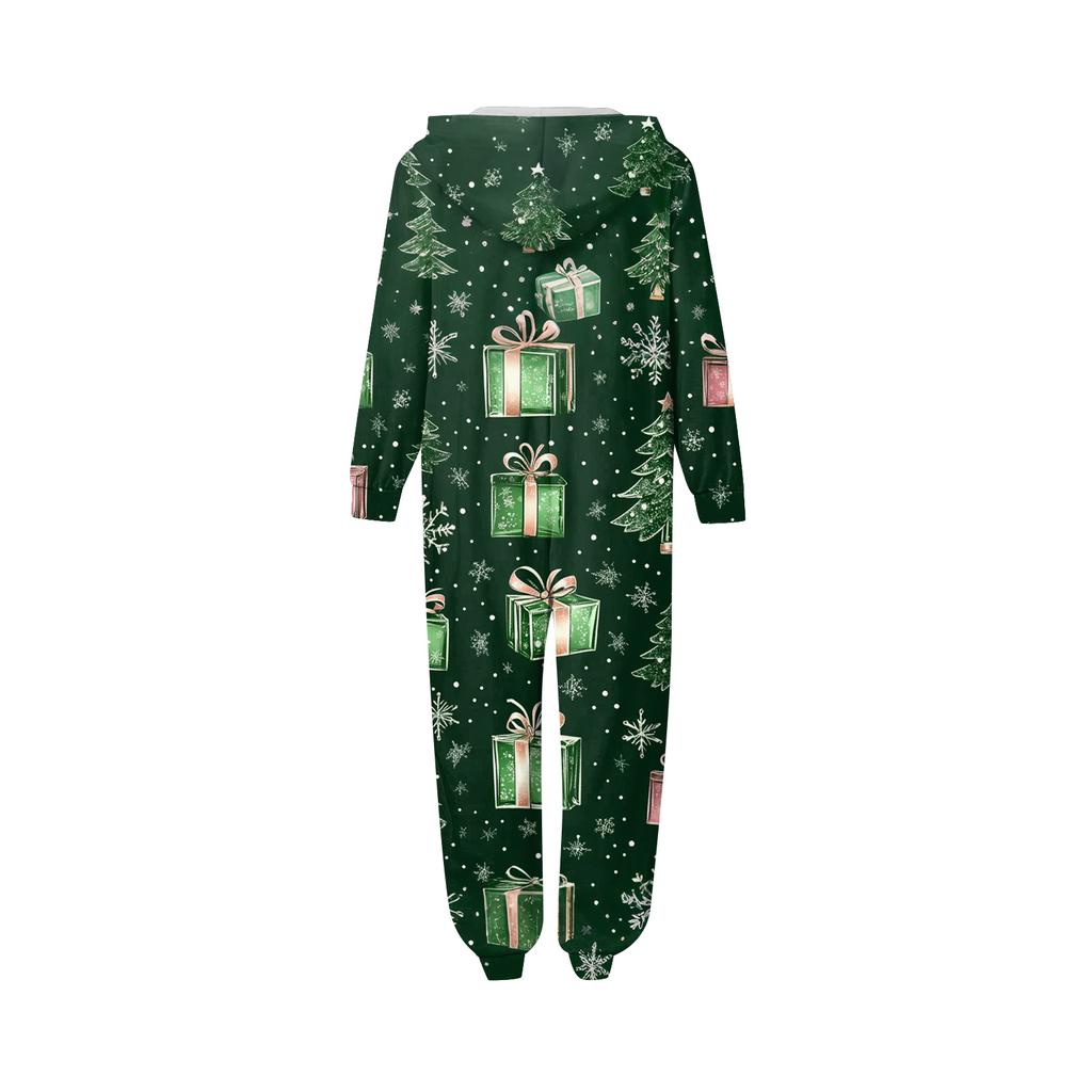 Christmas Print Family Matching Hooded Long Sleeved Zippered Jumpsuit Set