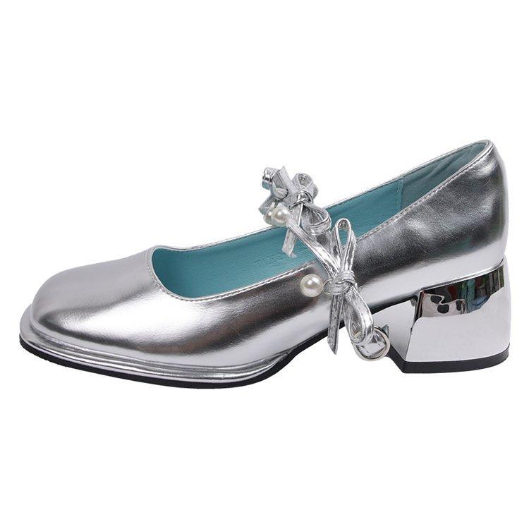 

Medium heel Mary Jane shoes 2024 spring new French princess silver thick heel waterproof table single shoes women s small silver shoes 35 серебряный