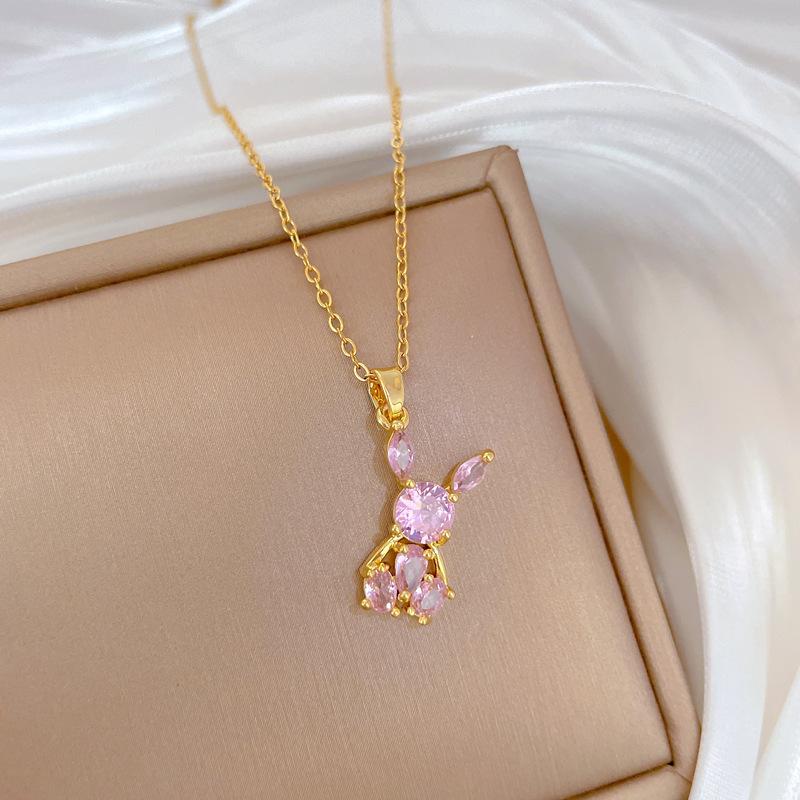 Pink Synthetic Zircon Rabbit Pendant Necklace for Women 2025 New Fashion Jewelry