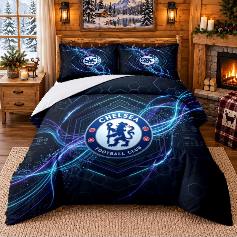 Baskılı 3 Parça Nevresim Takımı Chelsea FC Desenli Çarşaf Yastık Kılıfı Yatak Odası Dekorasyonu İçin