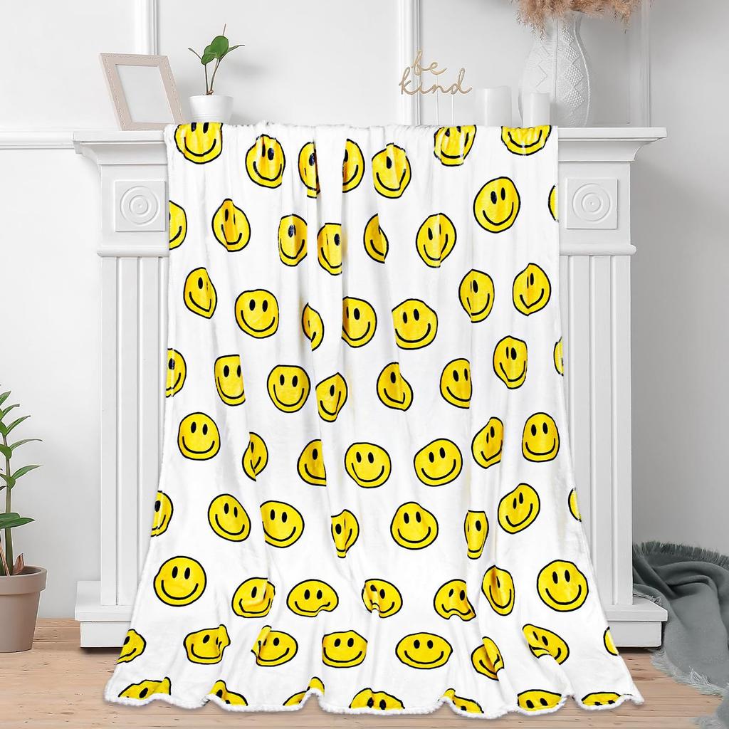 Happy Smiley Face Flannel Blanket Lunch Break Blanket Holiday Gift Pink Checkerboard Print