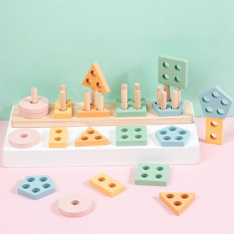 Children'S Wooden Baby Early Education Montessori Geometry Five Sets Of Columns Shape Pairing Intellectual Development Educational Toys